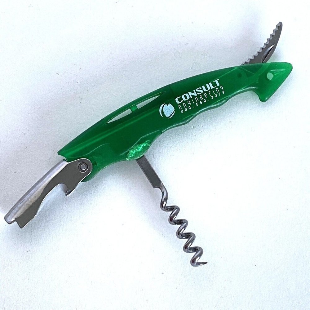 Consult Engineering Ad Green Plastic Stainless Bottle Opener Corkscrew Knife